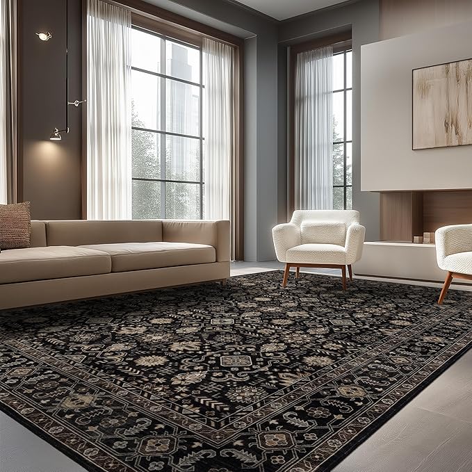 Area Rug Non Slip Machine Washable Ultra Soft Living Room/Bedroom/Kitchen/Outdoor/Classroom Black Gold, 8'×10'