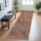 2x10 Runner Rug Machine Washable Boho Runners for Hallway,Ultra-Thin Low Pile Rug,Lightweight Indoor Carpet,Non Slip Floral Runners for Enrtyway, Corridor, Home Office, Kitchen,Burgundy Red