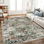 3'x5' Vintage Washable Thin Green Area Rug Tangerine Traditional Floor Cover Foldable Indoor Distressed Non Slip Carpet Floral Print Mat Bedroom Living Room Bathroom