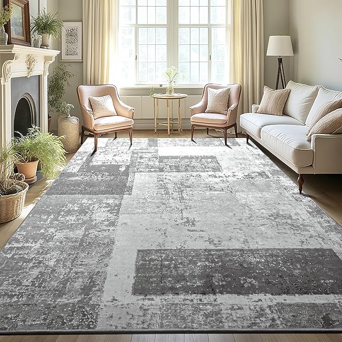LOCHAS Rug for Living Room, Washable Soft Area Rugs for Bedroom 9x12, Abstract Carpet for Indoor Office Kids Dining Room Nursery Floor, Grey Geometric Vintage Home Decor, Non Slip, Pet Child Friendly