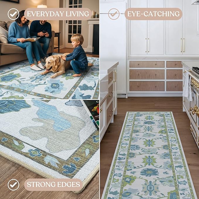 Fame Living Green Oushak Runner Rug, Modern Runners, Vintage, Turkish, Eclectic, Floral, Pastel, Washable, Runner for Hallway, Kitchen, Bedroom, Bathroom, 2'5"x9'8"