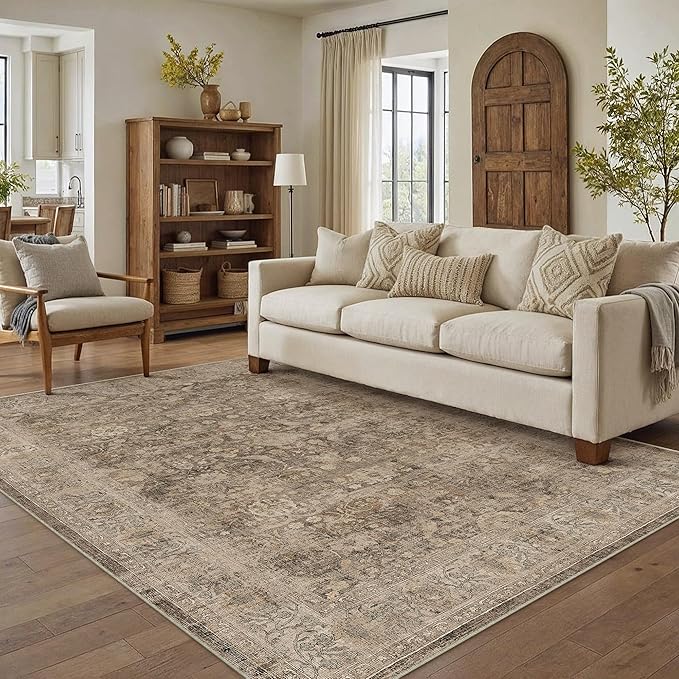 9x12 Rust Brown Area Rug for Living Room Bedroom Neutral Soft Non Slip Rug Low Pile Vintage Distressed Large Carpet for Dining Room Nursery Office Indoor