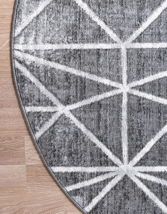 Rugs.com Lattice Trellis Collection Rug – 3 Ft Round Gray Low-Pile Rug Perfect for Kitchens, Dining Rooms