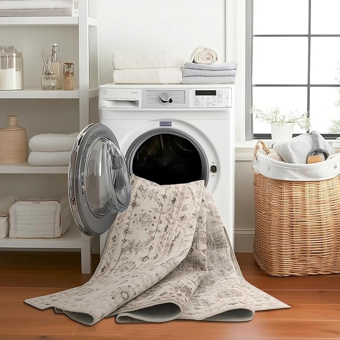 ReaLife Rugs Machine Washable Area Rug - Living Room Bedroom Bathroom Kitchen Entryway Office - Padded Crease Free Stain Resistant Premium - Boho Farmhouse Vintage- Joy- Beige Ivory - 2'x 3'