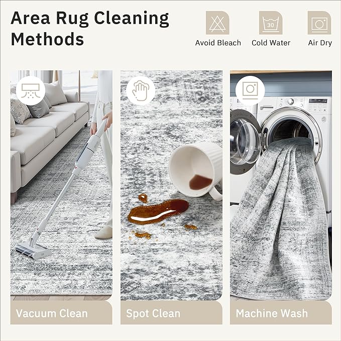 3x5 Rug, Small Area for Kitchen, Entryway, Machine Washable Non-Slip Throw Rug, Vintage Carpet for Nursery Coffee Table Grey
