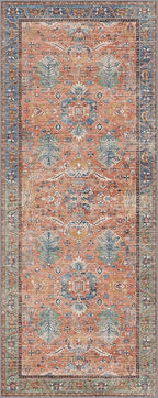 Bavni Runner Rug, Machine Washable Rugs for Bedroom 2x5, Non Slip Boho Rugs with Rubber Backing, Ultra-Thin Folable Rug Runner for Hallways Bathroom, Terracotta/Blue