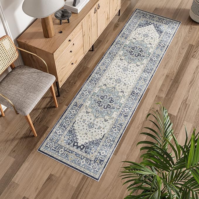Dripex Runner Rug-2x8 Washable Distressed Hallway Runner Oriental Medallion Carpet Non-Slip Stain-Resistant Kitchen Mat Foldable Thin Accent Rug for Entrance Living Room Bedroom