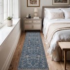 Washable Runner Rug 2x8: Vintage Boho Floral Carpet Runners for Hallway Entryway Non-Slip - Soft Botanical Low Pile Thin Mat for Kitchen Bathroom Bedroom Laundry Floor Decor - Slate Blue