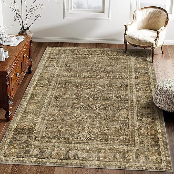 HelloTree Vintage Area Rug 4x6 Brown Entryway Office Washable Carpet Non Slip Backing Printed Distressed Rugs for Bedroom Vintage Boho Tribal Area Rugs for Bathroom Bedroom Dining Living Room-Brown