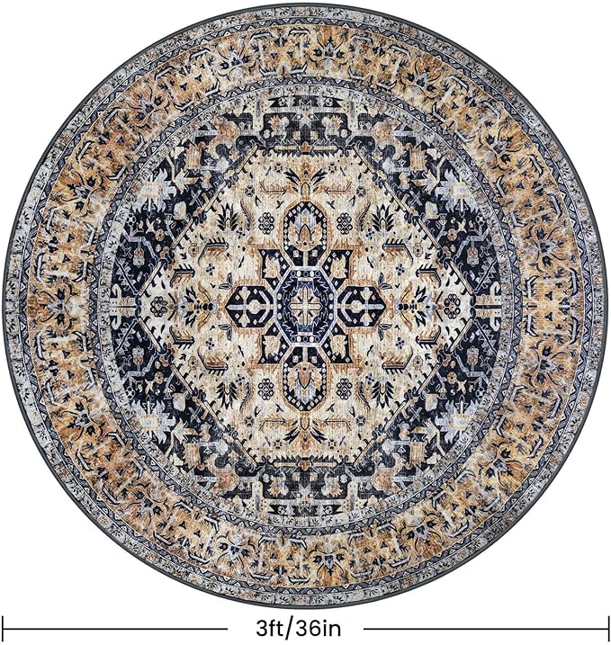 KOZYFLY Boho Round Rug 3 Ft Rugs for Entryway Washable Circle Rug Non Slip Doormat Gold Navy Printed Faux Wool Vintage Round Entryway Rug Floor Carpet Round for Entrance, Bedroom