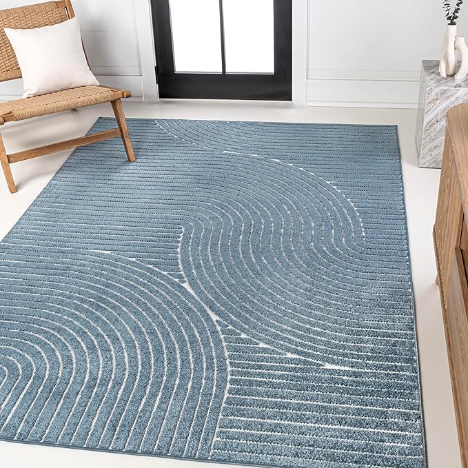 JONATHAN Y Hallie High-Low Curve Dark Blue/Cream 8x10 Indoor/Outdoor Area Rug, Minimalist Geometric, Pet Friendly, for Patio, Backyard, Living Room, Bedroom, Office, Hose-Washable (SCN100C-8)