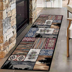 Rustic Country Woodland Rug, 2x8ft, Bohemian Forest Woodland Animal Bear Wolf Multicolor Country Rug, Southwestern Native American Hunting Hallway Carpet, Washable Fade Resistant Throw Rug