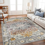 Area Rug 9x12 Washable Taupe Vintage Traditional Mat Distressed Indoor Foldable Thin Retro Accent Floral Non Slip Carpet for Living Room Dining Room Office