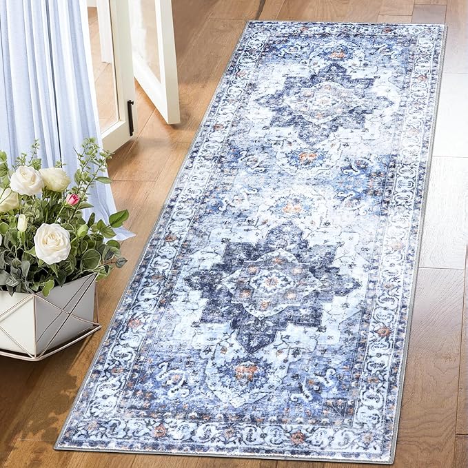 COMSLE Boho Runner Rug, 2x6 Washable Rugs for Hallway Faux Wool Small Throw Rug Distressed Kitchen Area Rug Non-Slip Laundry Room Rug Carpet Runner for Entryway Indoor Bedroom (Blue)