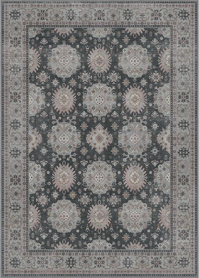 5x7 Area Rug Machine Washable Boho Rug for Living Room,Ultra-Thin Low Pile Carpet,Lightweight Indoor Printed Rug,Non Slip Floral Area Rug for Bedroom, Dining Room, Home Office,Black