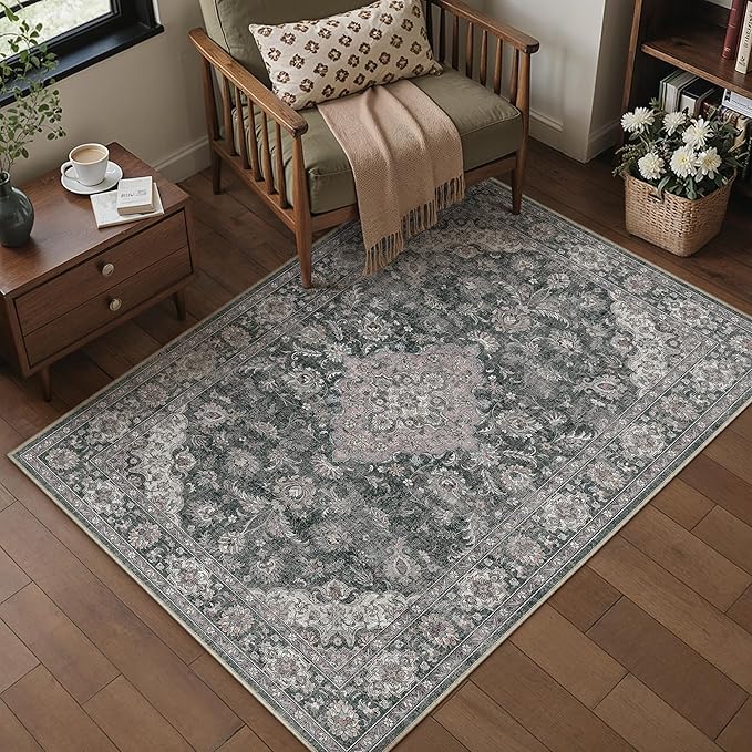 HUGEAR Retro Black Area Rug 5x7 Machine Washable Living Room Rugs Distressed Vintage Floral Low Pile Carpet Bedroom Office Dining Room Laundry Room Non Slip Soft Lightweight