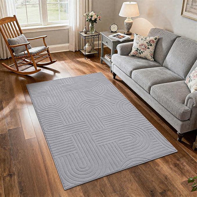 SHACOS Soft Cozy Fluffy Arch Pattern High Low Pile Runner Rugs 2'x6' Non Slip Washable Rug Runners Modern Geometric Arc Carpet for Bedroom Bathroom Hallway, Light Grey