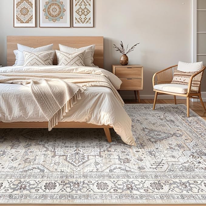 6x8 Area Rug Living Room: Washable Boho Large Neutral Vintage Soft Rugs Stain Resistant Farmhouse Non Slip Indoor Floor Carpet for Bedroom Nursery Kids Playroom Office Dining Room Home- Ivory Gray
