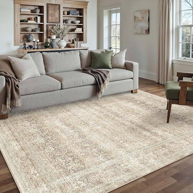 HUGEAR 5x7 Area Rug Beige Vintage Neutral Washable Bedroom Rug Soft Non Slip Distressed Carpet Low Pile Pet Friendly for Living Room Bedside Dining Room