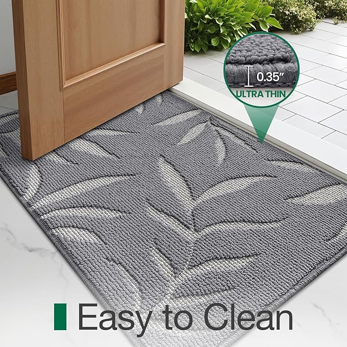LUMI Indoor Door Mat 24x36, Washable Front Doormat with Welcome Leaf Pattern, Non-Slip Rubber Back Absorbent Mats for Entrance, Patio, Garage, Light Grey