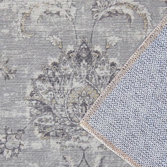 jinchan Fiora Hallway Runner Rug 3x7 Machine Washable Runner Rug Grey Vintage Floral Design Non-Slip Low Pile Ultra-Thin for Kitchen Laundry Room Bedroom Farmhouse (3‘x7', Grey)