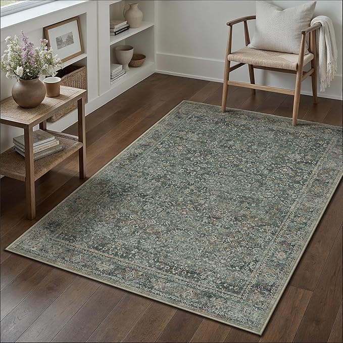 Area Rug 4x6 Gray Entryway Office Washable Vintage Carpet Non Slip Indoor Kitchen Door Mat Retro Traditional Accent Grey Throw Small Rug for Bathroom Bedroom Dining Living Room