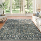 9x12 Area Rug for Living Room, Soft Large Rugs Blue Washable Rugs, Indoor Vintage Carpet for Bedroom Dining Room Office, Rubber Backed Non Slip Low Pile Mat, Deep Blue
