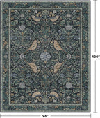 Dark Blue and Green Washable 8x10 Area Rugs for Living Room - Soft Non Slip Botanical Rug for Dining Room Under Table, Bedroom Under Bed, Vintage Large Carpet Decor Stain Resistant