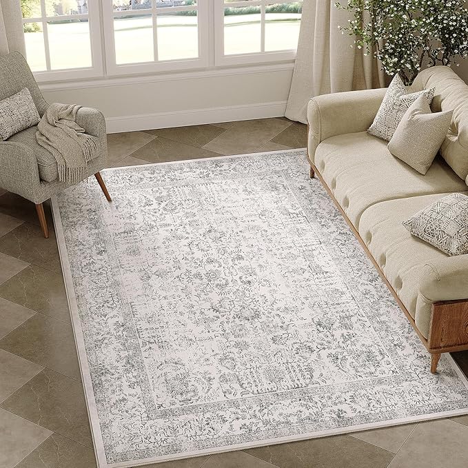 Gray Area Rug 3x4 Office Entryway Rug Machine Washable Kitchen Vintage Distressed Non Slip Carpet Indoor Grey Retro Floral Accent Throw Door Mat for Bathroom Bedroom Dining Living Room