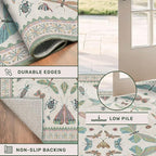 Washable Non Slip Bathroom Runner Rug 2x5, Insect Boho Bath Mat, Stain Resistant Low Pile Butterfly Insect Print Rugs for Laundry Room, Powder Room, Beige Green