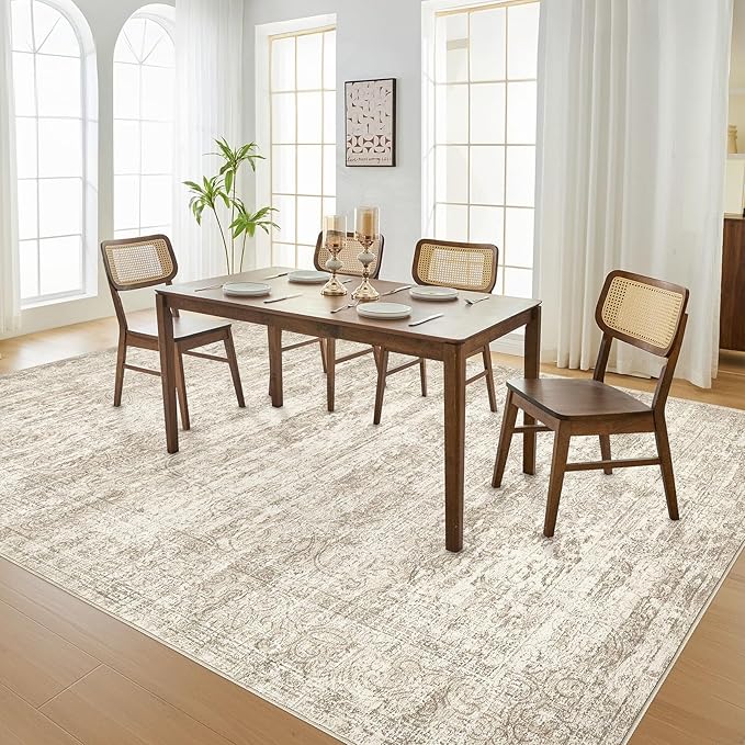Area Rug Living Room Rugs - 8x10 Abstract Large Soft Indoor Washable Rug Neutral Modern Low Pile Carpet for Bedroom Dining Room Farmhouse Home Office - Vintage Beige