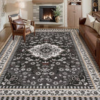 Luxury 8' x 10' Black Washable Area Rugs, Boho Low Pile Easy Clean Non-Slip Rug, Floral Medallion Pattern Vintage Rugs for Living Room, Dinning Room, Office, Bedroom, Bathroom, Laundry Room, Farmhouse