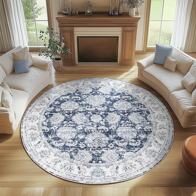 jinchan Fiora Round Rug 8ft Area Rugs Vintage Floral Distressed Design Machine Washable Non-Slip Low-Pile Ultra-Thin Circle Rug for Living Room Dining Room Bedroom Farmhouse (8' Round, Dark Blue)