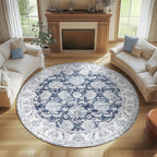 jinchan Fiora Round Rug 8ft Area Rugs Vintage Floral Distressed Design Machine Washable Non-Slip Low-Pile Ultra-Thin Circle Rug for Living Room Dining Room Bedroom Farmhouse (8' Round, Dark Blue)