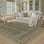 Entryway Area Rug 3x5 Green Brown Vintage Washable Office Carpet Traditional Distressed Indoor Entry Soft Non Slip Small Door Mat Retro Low Pile Thin Rug for Kitchen Laundry Bedroom