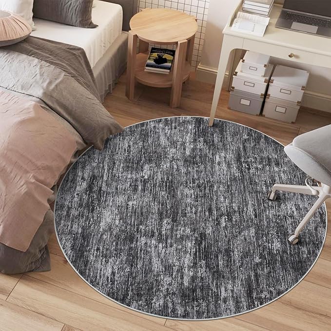 RUGSREAL 3x3 Round Area Rug Small Washable Circle Rug Non Slip Stain Resistant Entry Mat Modern Solid Color Round Living Room Carpet Low Pile Soft Bedroom Mat Neutral Rug for Bedside Nursery, Grey