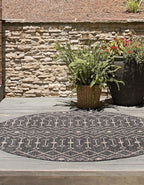 Unique Loom Outdoor Trellis Collection Area Rug - Tribal Trellis (3' 3" Round, Charcoal Gray/ Natural)
