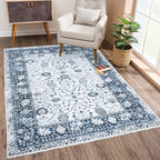 Bloom Rugs Caria Washable Non-Slip 9x12 Rug - Navy Blue Traditional Bordered Area Rug for Living Room, Bedroom, Dining Room, and Kitchen - Exact Size: 9' x 12'