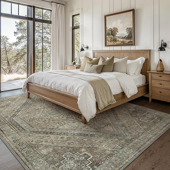 Bavni Washable Rug 8x10 Area Rug for Living Room Bedroom Dining, Washable Vintage Print Carpet, Ultra-Thin Chenille Low Pile Lightweight Rug with Non Slip Backing, Tan