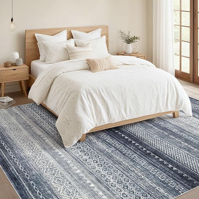 Nakagishi Area Rug Living Room Rugs: 7x9 Machine Washable Boho Large Neutral Farmhouse Stain Resistant Moroccan Indoor Floor Carpet for Bedroom Nursery Dorm Classroom Dining Room Home-Blue