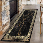 Black Gold Marble Texture Entryway Carpet, 2x8ft, Greek Key Geometric Design Bedroom Rug, Abstract Gold Crack Breathable Floor Rugs, No Crease Washable Carpets for Front Door