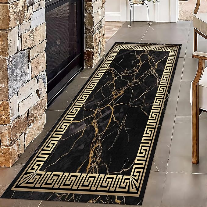 Black Gold Marble Texture Entryway Carpet, 2x8ft, Greek Key Geometric Design Bedroom Rug, Abstract Gold Crack Breathable Floor Rugs, No Crease Washable Carpets for Front Door