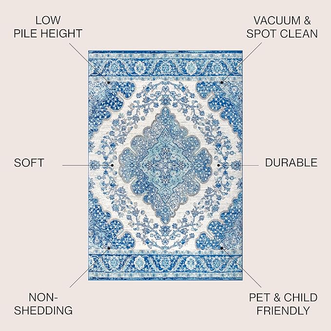 JONATHAN Y Boho Vintage Cream/Blue Indoor Area Rug, 4x6, Bohemian Flair Medallion, Floral Easy-Cleaning High Traffic for Living Room, Bedroom, Kitchen, Pet-Friendly, Non-Shedding (BMF106B-4)
