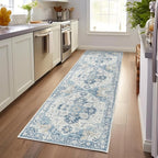 jinchan Kelda Runner Rug 3x8 Vintage Hallway Rug Kitchen Washable Runner Retro Floor Cover Lightweight Non-Slip Low Pile Thin Distressed Carpet for Entryway Bathroom Laundry Room Bedroom Stairway Blue
