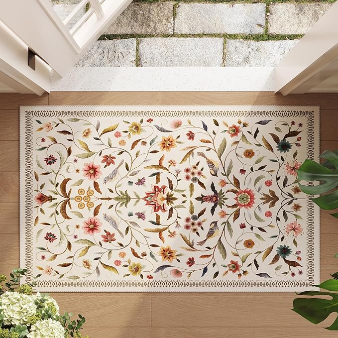 Vintage Medallion Floral Indoor Door Mat 2x3, Machine Washable Entryway Rug, Low Pile Soft Small Carpet, Non-Slip Area Rug for Entrance, Bedroom, Kitchen & Kids Room | Beige