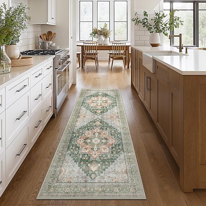 GENIMO 2x7 Runner Rugs for Hallway, Machine Washable Non Slip Vintage Rugs, Low Pile Lightweight Soft Print Rug for enrtyway, Corridor, Home Office, Kitchen,Sage Green