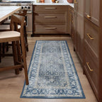 RUGGABLE Washable Vintage Area Rug – Kamran Admiral Blue 8 ft Round, Stain-Resistant, Non-Slip – Large Machine Washable Rugs for Living Room, Bedroom, Hallway, Entryway & Office–with Standard Pad