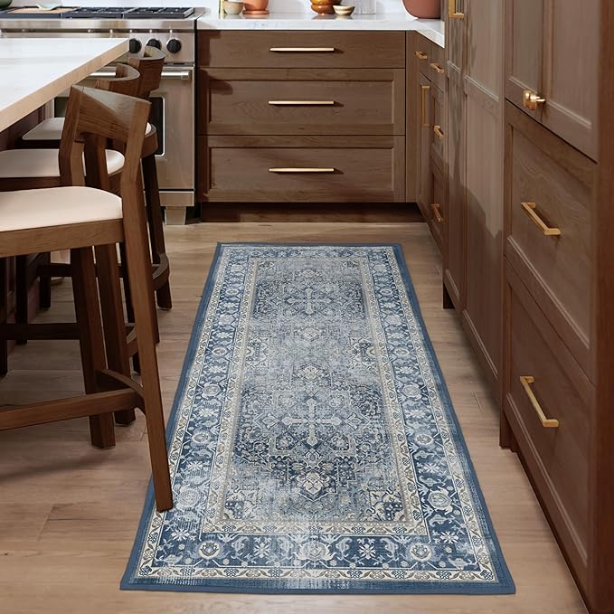 RUGGABLE Washable Area Rug – Kamran Admiral Blue 3x5, Stain-Resistant, Non-Slip – Small Machine Washable Rugs for Living Room, Bedroom, Hallway, Entryway & Office–with Cushioned Pad