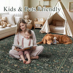 3x5 Floral Washable Area Rug for Living Room, Vintage Boho Rug for Bedroom Dining Room， Distressed Botanical Birds Non Slip Low Pile Forest Animal Throw Carpet for Farmhouse Office, Dark Green