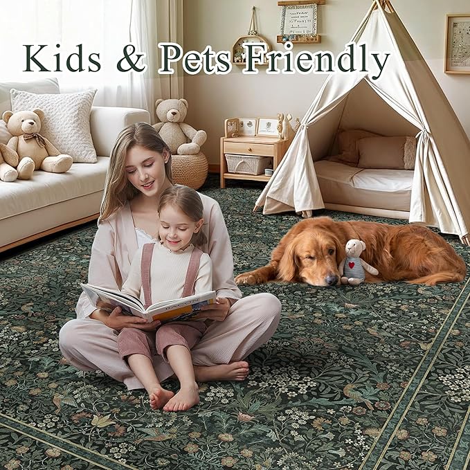 9x12 Floral Washable Area Rug for Living Room, Vintage Boho Large Rug for Bedroom Dining Room， Distressed Botanical Birds Non Slip Low Pile Forest Animal Throw Carpet for Farmhouse Office, Dark Green